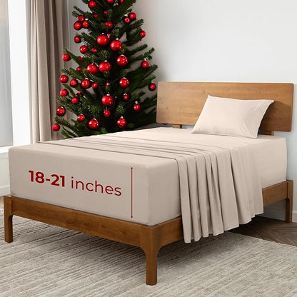Mellanni Extra Deep Twin Sheets - 3 PC Iconic Collection Bedding - Hotel Luxury, Ultra Soft, Cooling Bed Sheets - Wrinkle, Fade, Stain Resistant (Twin, Beige)
