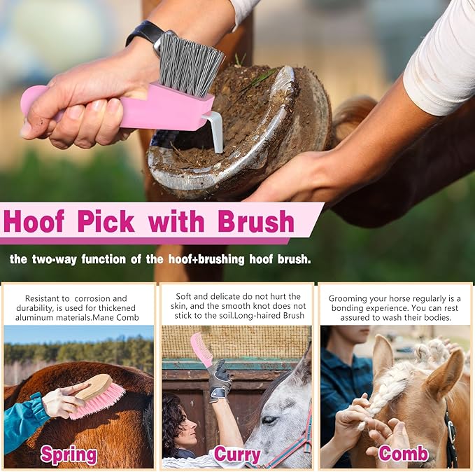 Abbylike 12 Pieces Horse Grooming Kit Racing Festival Tack Room Supplies Horse Brush Sets Equine Care Cleaning Kit Shedding Grooming Massaging Tools(Pink and Grey)-Mewly Pet