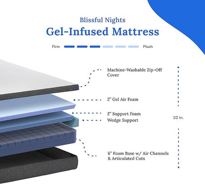 Blissful Nights e3 Cal King Split Adjustable Bed Base Frame with 10" Medium Firm Gel Infused Memory Foam Mattress