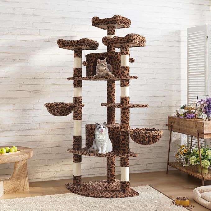 SHA CERLIN 73in Fan-Shaped Corner Cat Tower for Save Space/Multi-Level Tall Cat Tree for Indoor Kitties/Condo with Baskets/Cozy Perches/Sisal Scratching Posts/Pet Activity House/Leopard Print-Mewly Pet