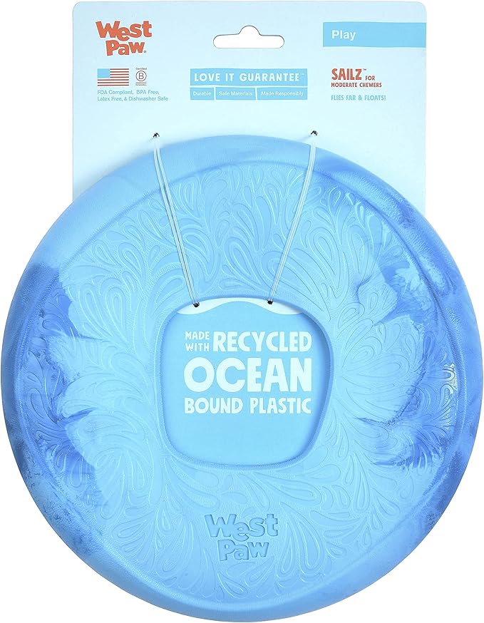 WEST PAW Seaflex Sailz Dog Toy Flying Disc - Machine Washable Eco-Friendly Zogoflex Toys for Moderate Chewers - Perfect for Fetch, Gnawing, Catch, Pet Training - Surf-Mewly Pet