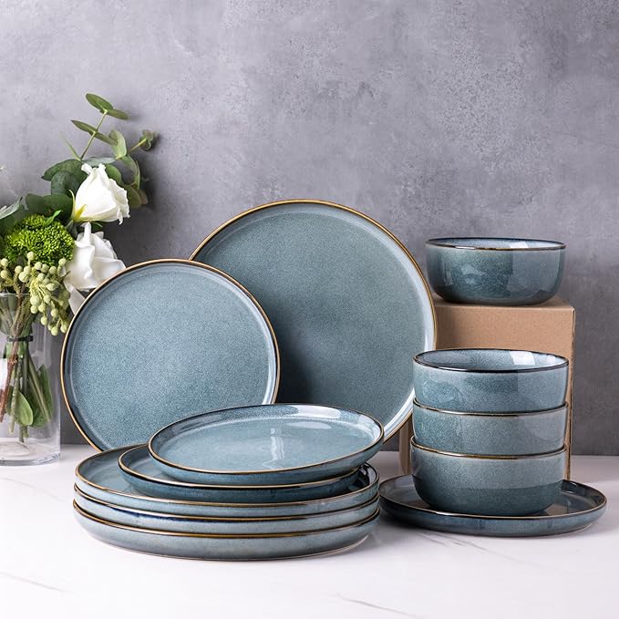 GBHOME Ceramic Dinnerware Sets for 4, 12 Pieces Stoneware Plates and Bowls Sets, Reactive Glaze Dishes -Scratch Resistant, Dishwasher&Microwave Safe, Space Blue-Mewly Pet