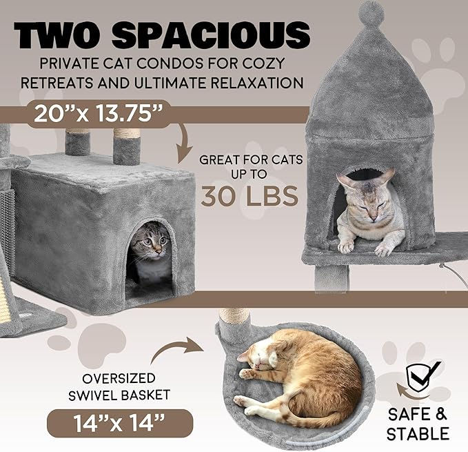 Large Cat Tree Tower for Large Cats, Cat Scratching Post, Self Grooming Post, Interactive Cat Toys, Oversized Perch and Basket, Heavy Duty 72", Light Grey-Mewly Pet