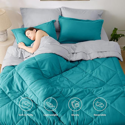 Bedsure Full Size Comforter Set - 7 Pieces Reversible Teal Bedding, Full Size Bed Set for All Seasons, Bed in a Bag with Down Alternative Comforter, Sheets, Pillowcases & Shams