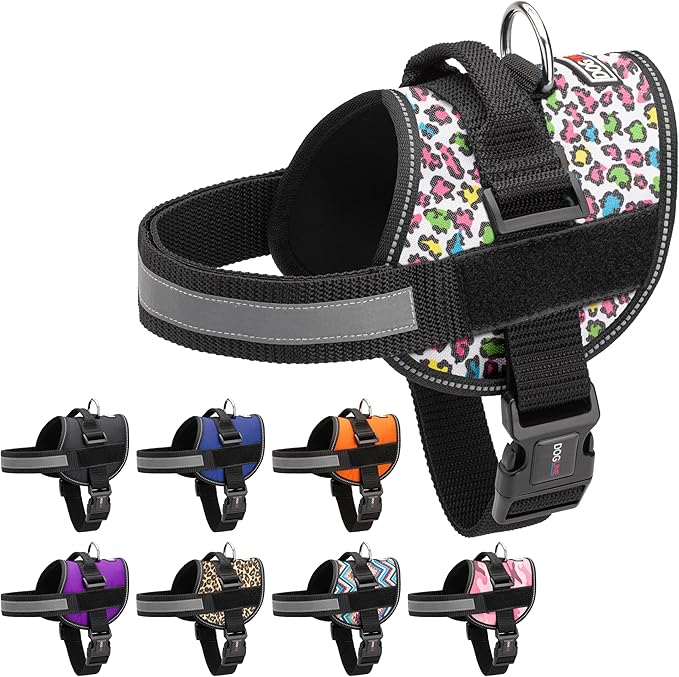 Dogline Dog Harness, Reflective No-Pull Adjustable Vest with Handle for Walking, Training, Breathable, No - Choke Harness for Small, Medium or Large Dogs Room for Patches Leopard Rainbow XL 33"-46"-Mewly Pet