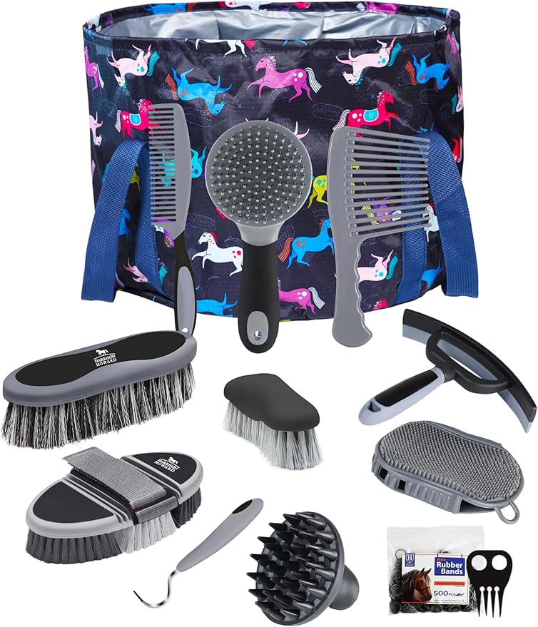 Harrison Howard Horse Grooming Kit 11-Piece Equine Care Series Horse Brush Sets with Organizer Tote Bag Tack Room Supplies Shedding Grooming Massaging Tools Black Brushstroke Ponies-Mewly Pet