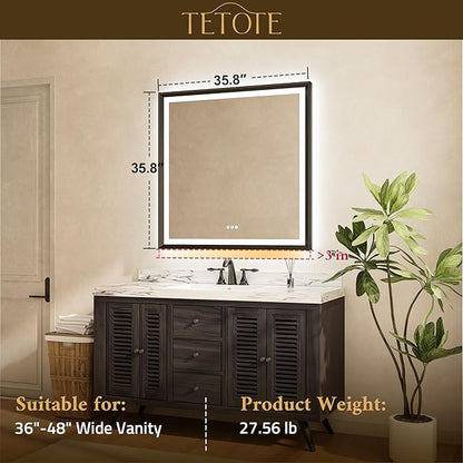 TETOTE 36x36 LED Bathroom Mirror with Lights Silver Metal Framed Brushed Nickel Front & Back Light Vanity Mirror Baroque Antifog Stepless Dimmable White/Warm/Natural,Wall Mounted(Horizontal/Vertical)