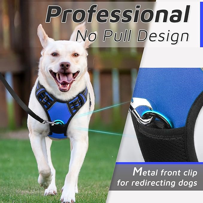 Eagloo Dog Harness Medium Sized Dog, No Pull Service Vest with Reflective Strips and Control Handle, Adjustable and Comfortable for Easy Walking, No Choke Pet Harness with 2 Metal Rings, Blue, M-Mewly Pet