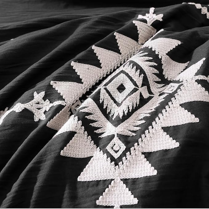 MaiRêve Embroidery King Size Comforter Set Black, Boho Farmhouse Western Bedding Set 7 Pieces, All Season Bed in A Bag Comforter Set with Sheets, Pillowcases & Shams
