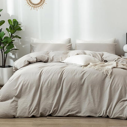 MooMee Bedding Duvet Cover Set 100% Washed Cotton Linen Like Textured Breathable Durable Soft Comfy (Heathered Cream Grey, Alaska King 132"x120")