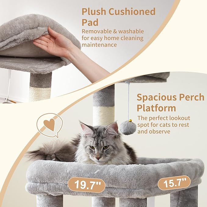 Heybly Heavy Duty Cat Tree, 71-Inch Tall Tower for Large Maine Coon with Extra-Large Baseboard, Cat Condo Furniture with Multi-Level Platforms, 2 Hammocks and 12 Scratching Posts, Light Gray HCT037W-Mewly Pet