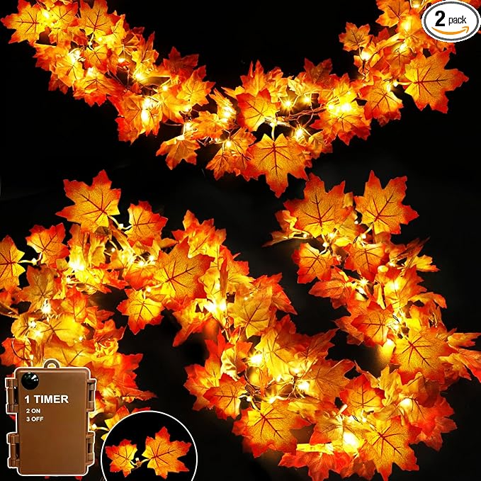 Timer & Thicker Leaves - 2 Pack Fall Garland with Lights Thanksgiving Fall Decorations for Home Total 80 Leaves 40LED 13Ft Battery Operated Lighted Thanksgiving Garland Home Indoor Outdoor Christmas