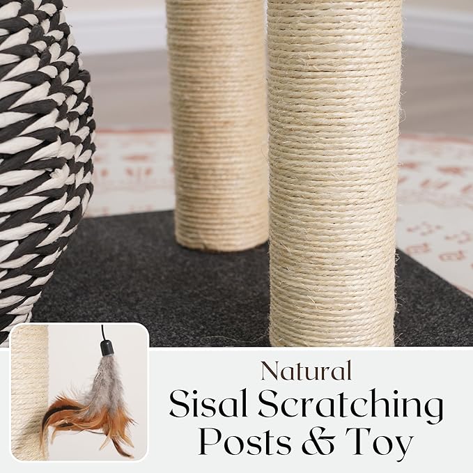 PetPals Ace 4-Level Multi-Activity Cat Tree with Handwoven Recycled Paper Rope Condo and Top Nest Bed, Replaceable Sisal Scratching Posts, Feather Teaser Toy, Black & White-Mewly Pet