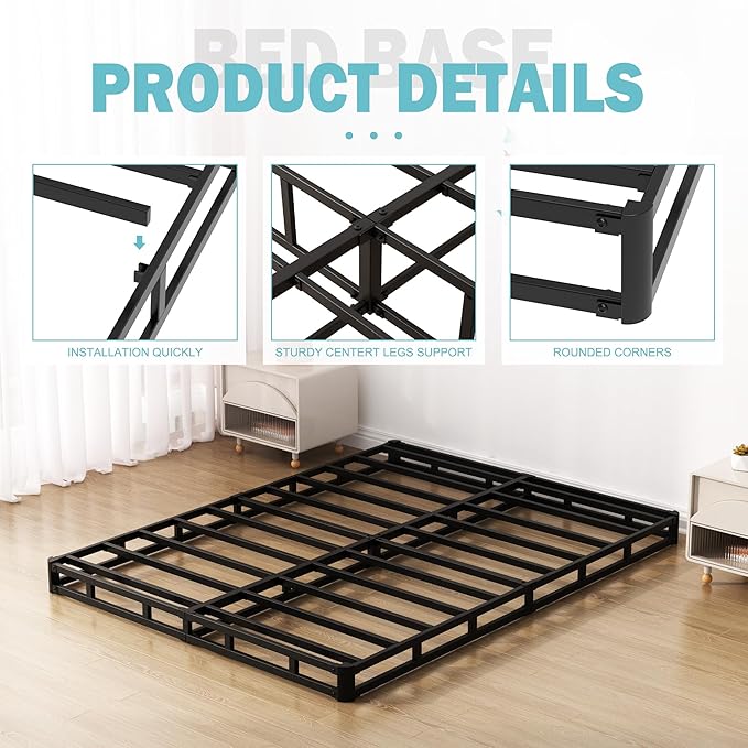 Box Spring for Queen Bed Bed Base 4 inch, Low Profile Metal Queen Box Spring with Fabric Cover, 3000 Lbs Max Weight Capacity Mattress Foundation, Noise-Free, Easy Assembly