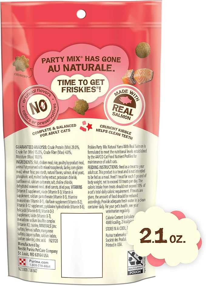 Purina Friskies Party Mix Cat Treats (Natural YUMS Salmon, 2.1 Ounce (Pack of 6))-Mewly Pet