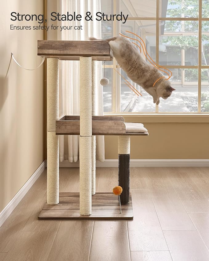FourFurPets 43.7" Cat Tree, Modern Cat Tree Tower, Cat Tower for Indoor Cats Large Adult, Cat Condo with Scratching Post, Large Perch and Removable Pads, Greige-Mewly Pet