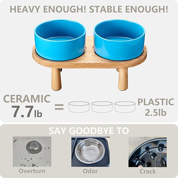 Ceramic Elevated Dog Bowls, Pet Food and Water Bowl Set for Large Dogs, 7.5 Cups Dog Bowls Raised with Wood Stand, 61OZ, Blue-Mewly Pet