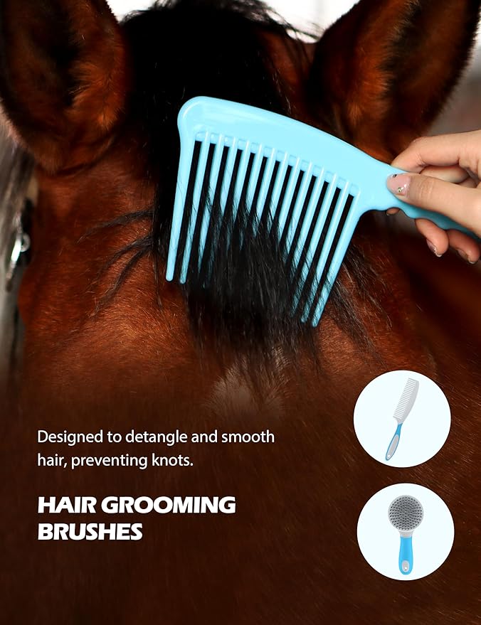 Harrison Howard Horse Grooming Kit 11-Piece Equine Care Series Horse Brush Sets with Organizer Tote Bag Tack Room Supplies Shedding Grooming Massaging Tools Blue Brushstroke Ponies-Mewly Pet