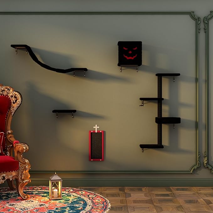 COZIWOW Wall-Mounted Cat Tree | Space-Saving Feline Furniture with Multiple Levels | Durable Scratch Post for Indoor Cats, Black&Red-Mewly Pet