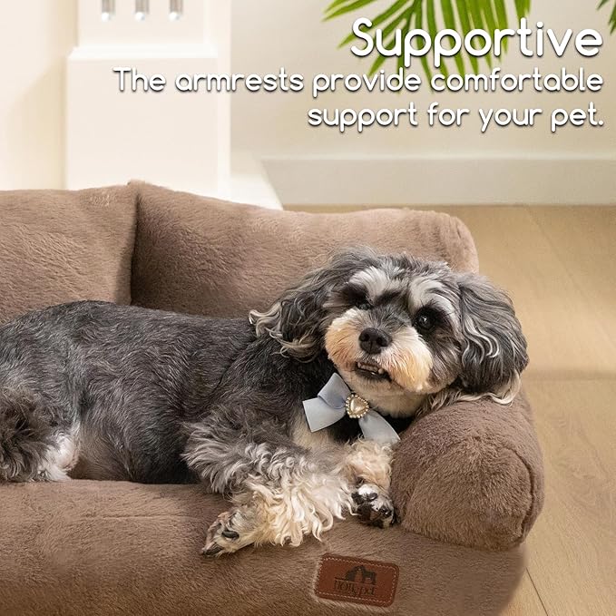 Hollypet Fluffy Plush Pet Sofa Soft Calming Pet Sofa Beds for Medium Small Cats and Dogs, Dark Brown-Mewly Pet