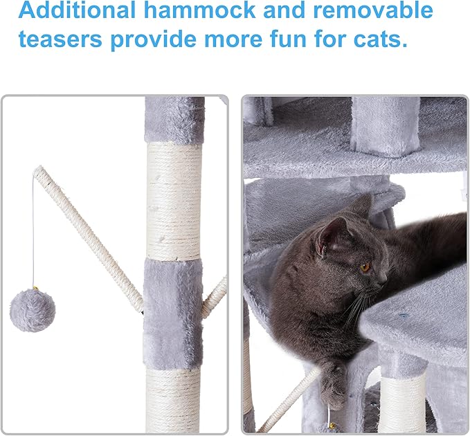 Hey-brother Cat Tree, 71 inches XL Large Cat Tower for Indoor Cats, Multi-Level Cat House with 3 Padded Perches, Big Scratcher, Cozy Basket, 2 Cat Condos and Scratching Posts, Light Gray MPJ034W-Mewly Pet