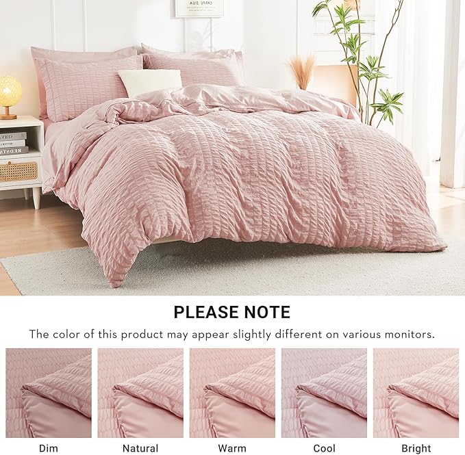 HYMOKEGE Rose Gold California King Comforter Set Seersucker 7 Pieces, All Season Luxury Bed in a Bag Queen for Bedroom, Bedding Set with Comforter, Sheets, Pillowcases & Shams