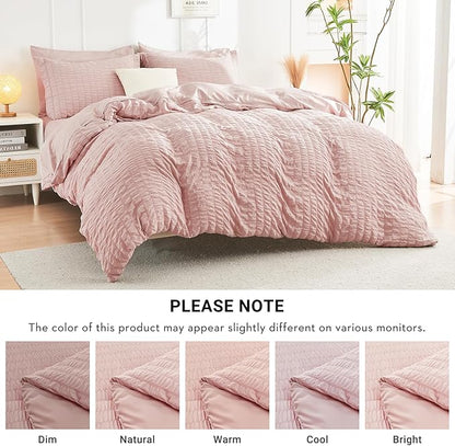 HYMOKEGE Rose Gold Full Size Comforter Sets Seersucker 7 Pieces, All Season Luxury Bed in a Bag for Bedroom, Bedding Set with Comforters, Sheets, Pillowcases & Shams