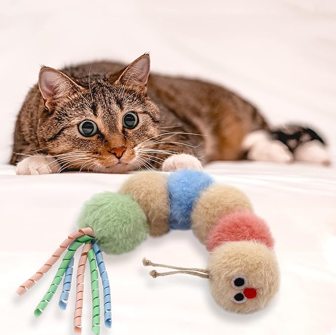 Interactive Natural Catnip Kicker, with Rattle and Ribbon, Bite Resistant, for All Ages Indoor Cat, Soft Caterpillar Kicker, Fluffy Kitten Toy-Mewly Pet