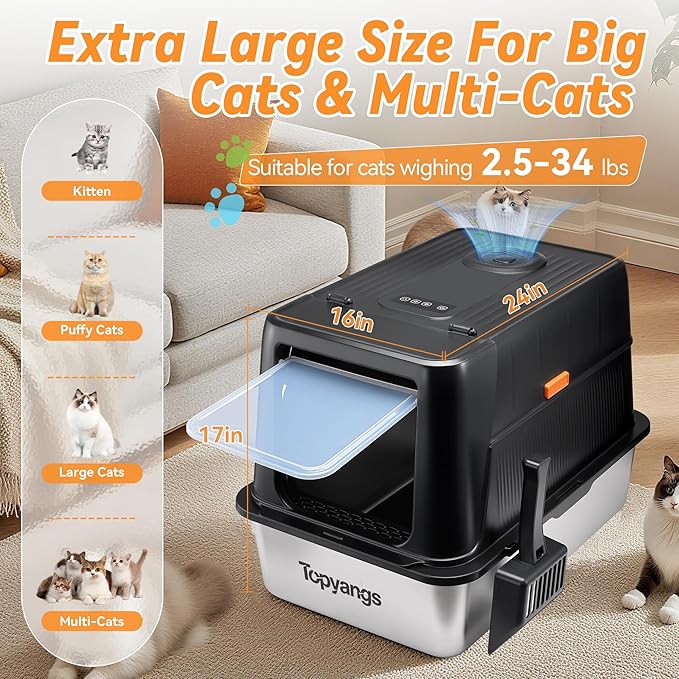 Odor-Control Stainless Steel Litter Box, 135° Flip-Top Metal Cat Litter Box with Electric Deodorization, Enclosed High Sided Litter Pan, Breeze Litter Box System, Anti-Urine Leakage-Mewly Pet