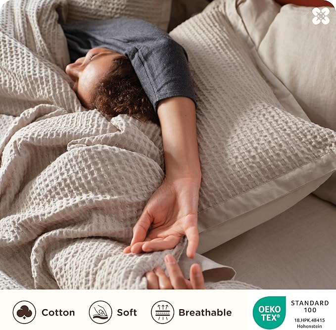 Bedsure Cotton Duvet Cover Set - 100% Cotton Waffle Weave Linen Duvet Cover Oversized King Size, GentleSoft™ and Breathable Bedding Set for All Season, 3 Pieces, 120"x98"
