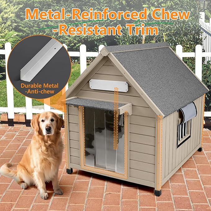 Large Dog House Outdoor Weatherproof, Wooden Dog Kennel Shelter with Anti-Chewing Iron Frame, Removable Floor for Medium to Large Dogs, Easy Clean and Assemble (30.5" L*37.4" W*39.3" H)-Mewly Pet