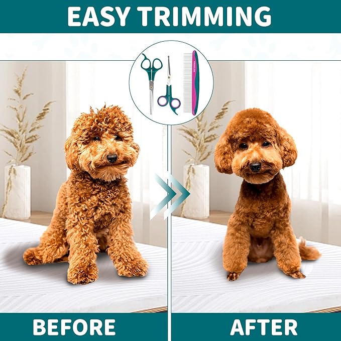 Professional Pet Grooming Kit, Stainless Steel Dog & Cat Grooming Shears with Rounded Tip Blades for Safe Fur Trimming, Thinning Shears, Straight Scissors, and Pet Comb (Set of 3)-Mewly Pet