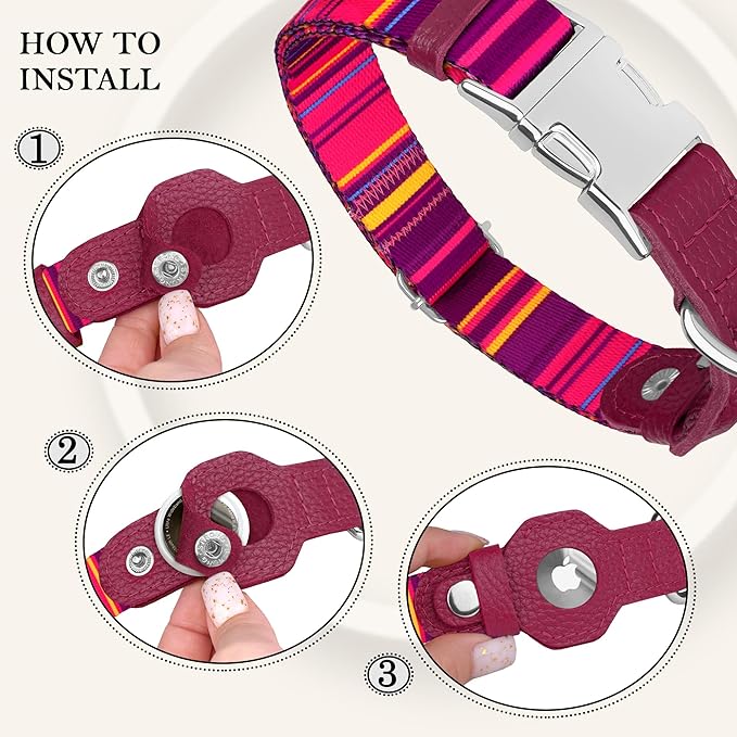 AirTag Dog Collar for Small Medium Large Breed - Adjustable Cute Pattern Dog Collar with Airtag Holder - Soft Leather Tracker GPS Apple Air Tag Pet Collars (Large, 17"-21" Neck Fit, Striped)-Mewly Pet