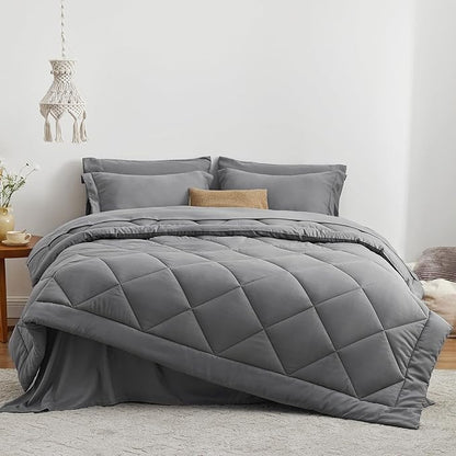 Love's cabin Twin Comforter Set Grey, 5 Pieces Twin Bed in a Bag, All Season Bedding Sets with 1 Comforter, 1 Flat Sheet, 1 Fitted Sheet, 1 Pillowcase and 1 Pillow Sham