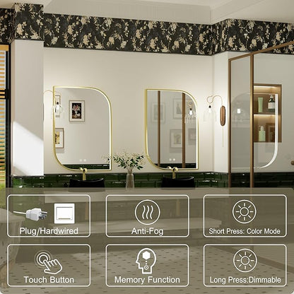 22x32 Inch LED Bathroom Mirror with Lights, Adjustable 3000K/4500K/6000K, Irregular Gold Frame Lighted Bathroom Vanity Mirror, Anti-Fog, Stepless Dimmable, Wall Mounted