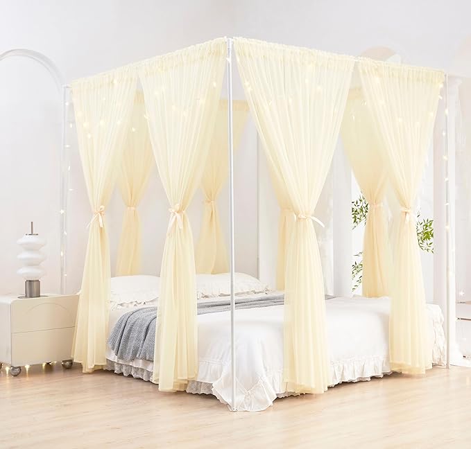 Akiky Ivory Canopy Bed Curtains with Lights 8 Panel Canopy Curtains Drapes for King Size Bed Large Rod Pocket Sheer Canopy Bed Drapes