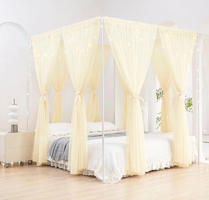 Akiky Ivory Canopy Bed Curtains with Lights 8 Panel Canopy Curtains Drapes for Full Queen Size Bed Large Rod Pocket Sheer Canopy Bed Drapes