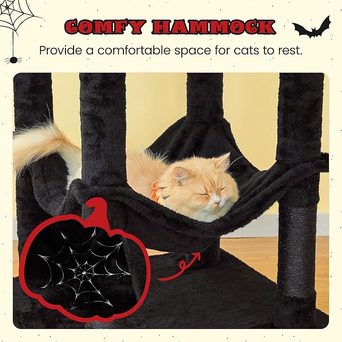 MWPO Gothic Large Cat Tree, 70.1-Inch Multi-Level Tall Cat Tower for Indoor Cats, Plush Cat Condo with Big Padded Perches, Sisal-Covered Scratching Posts, Hammock, Toys for Kittens & Cats, Black-Mewly Pet