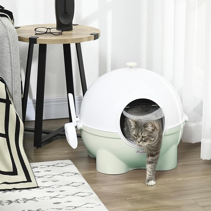 PawHut Hooded Cat Litter Box, Large Kitty Litter Pan with Lid, Scoop, Leaking Sand Pedal, Top Handle, Light Green-Mewly Pet