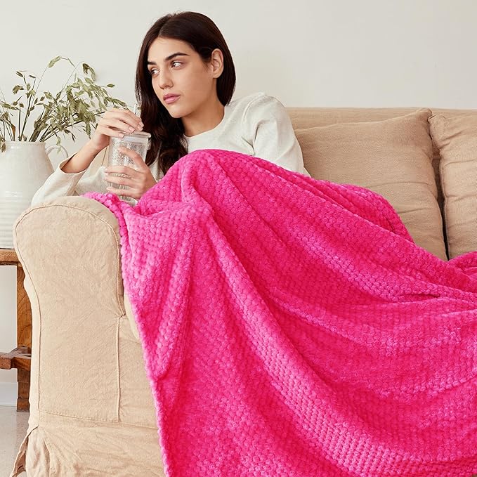 Exclusivo Mezcla Fleece Bed Blanket Queen Size, Super Soft and Warm Blankets for Couch, Sofa and Bed Waffle Textured, Cozy, Fuzzy and Lightweight (Hot Pink, 90x90 Inches)