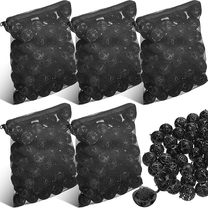 500 Pieces Bio Filter Balls Black Bio Balls for Aquarium Filter Pond Filter 1.02 Inch Internal Bioballs Filter Media with 5 Pieces Aquarium Filter Media Bags Mesh Bags with Zipper for Fish Tank Pond-Mewly Pet