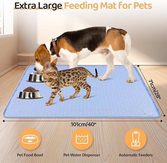 Dog Food Mat, Extra Large 40" x 28" Silicone Pet Feeding Mat with Raised Edge Pet Placemat for Small, Medium, and Large Pets Non-Slip, Easy to Clean (Blue)-Mewly Pet