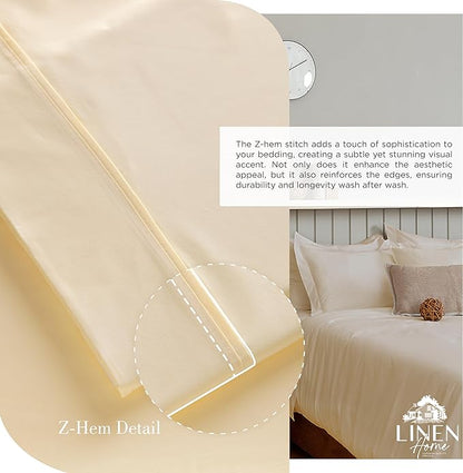 Linen Home 100% Cotton Percale Sheets King Size, Ivory, Deep Pocket, 4 Pieces Set - 1 Flat, 1 Deep Pocket Fitted Sheet and 2 Pillowcases, Crisp Cool and Strong Bed Linen