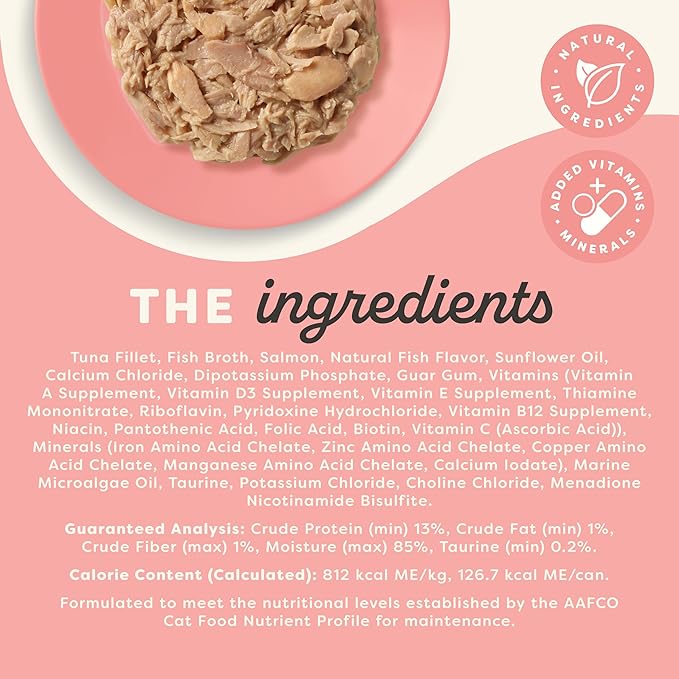 Applaws Vitality Wet Cat Food in Broth, Natural Canned Cat Food, Wet Food for Cats with Added Vitamins and Minerals, Grain and Carrageenan Free, Tuna Fillet & Salmon in Broth (24 Count, 2.47 oz Cans)-Mewly Pet