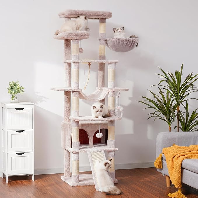 Heybly Tall Cat Tree, 78-inch Multi-Level Cat Tower for Indoor Cats, 2 Widened Plush Perches Cat Condo with Scratching Board and Big Caves, Muchroom HCT033MU-Mewly Pet