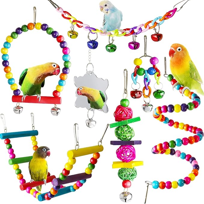 Bird Parakeet Cockatiel Toys, ESRISE Parrots Cage Hammock Swing Climbing Ladders Wooden Perch Chewing Toy for Budgerigar, Conures, Love Birds, Budgies-Mewly Pet