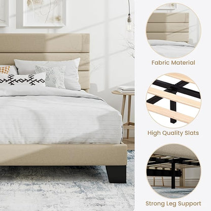 SHA CERLIN Full Platform Bed Frame with Upholstered Fabric Headboard, Mattress Foundation with Strong Wooden Slats Support, No Box Spring Needed, Beige