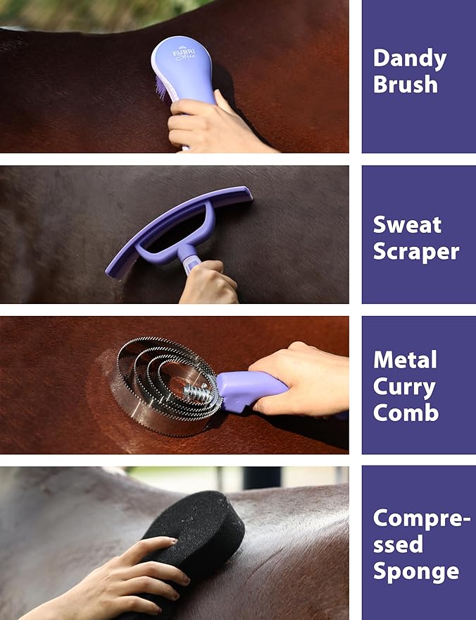 9PCS Horse Grooming Kit Curry Comb Sweat Scraper Horse Bathing Supplies Grooming Tools with Storage Bag Sugar Taro-Mewly Pet