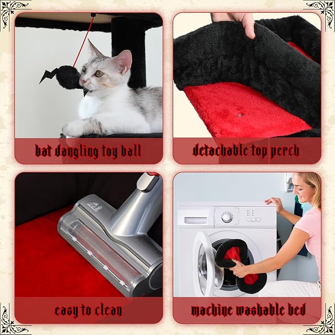 PETEPELA 56.3" Gothic Cat Tree for Indoor Cats, Tall Cat Tower with Super Large Hammock (20"X16"), Sisal Covered Scratching Posts, Cozy Condo and Top Perch Black-Mewly Pet