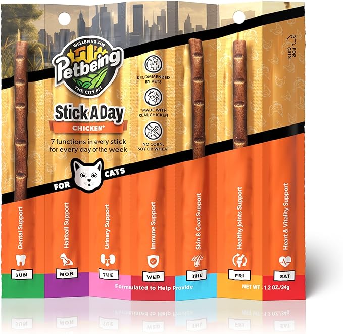 Stick a Day | Specially Formulated 7-in-1 Functions Daily Real Meat Supplement for Cats | Cat Chew Stick & Pet Vitamins Supplements Combination (7-Pack x 4, Chicken)-Mewly Pet
